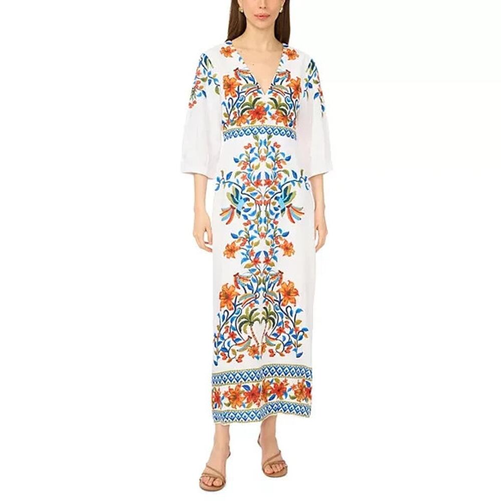 MSK White Maxi Dress with Blue and Orange Floral Motif